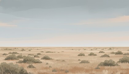 Naklejka premium Minimalist Artistic Illustration of an Expansive Dry Scrubland Plain Under a Muted Gray Overcast Sky