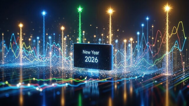 New Year 2026 digital data graph with glowing lights - Powered by Adobe