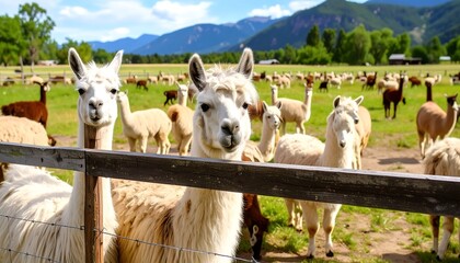 Two curious white alpacas look over a wooden fence with a large herd grazing in a green pasture against a mountain backdrop.