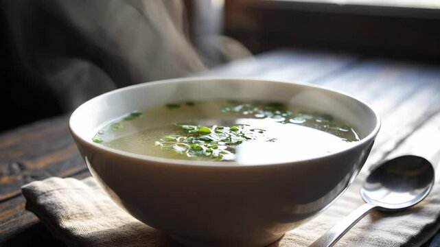 A bowl of iftar meal with soup and herbs on a table with a spoon, set against a warm and cozy background.