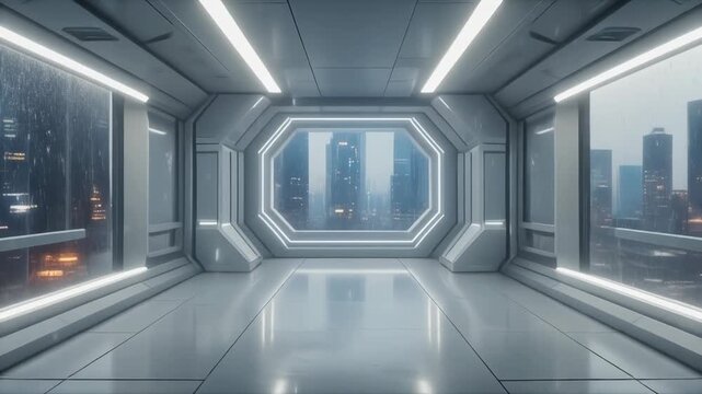 A sleek, modern, and futuristic interior corridor of a spaceship or advanced building, featuring panoramic windows that reveal a vibrant, high-rise city skyline under a night sky with subtle rain.