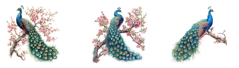Three vibrant peacock illustrations surrounded by delicate pink cherry blossom branches on transparent background high quality