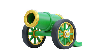 Green Cannon on Wheels Isolated on White Background