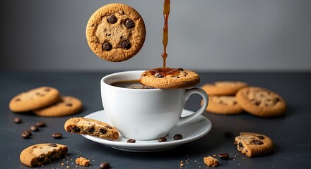 Chocolate chip cookies being dunked into a coffee cup tea perfect breakfast treat morning delight.