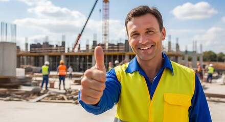 construction worker in yellow safety vest giving thumbs up on building site with crane and hard hat colleagues in background, representing successful construction project and workplace approval.