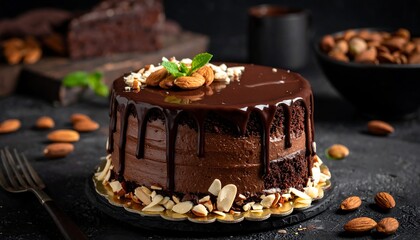 Decadent Chocolate Cake with Almonds and Mint on Dark Background