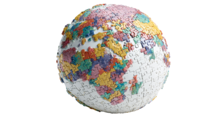 Earth globe forming from jigsaw puzzles pieces, symbolizing global connectivity, teamwork, and international cooperation