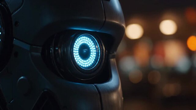 Close-up of a futuristic robot's glowing blue eye with LED lights