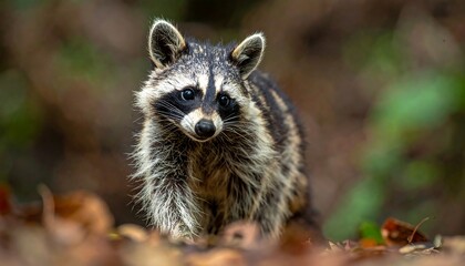 Close-up of a wild raccoon with its distinctive mask, looking directly at the camera in a forest setting.