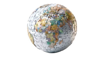 Earth globe made of puzzle pieces depicting a world map, symbolizing global knowledge, collaboration, and information sharing