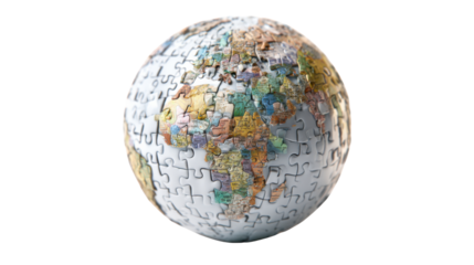 Earth globe made of puzzle pieces depicting a world map, symbolizing global knowledge, collaboration, and information sharing