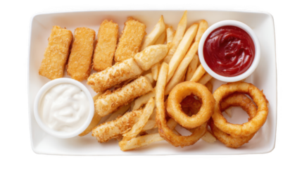 platter of french fries, onion rings, and fish sticks with ranch dressing
