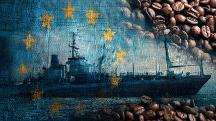 Conceptual illustration of EU import laws affecting the coffee economy, featuring a logistics vessel and star symbol overlay on agriculture texture.
