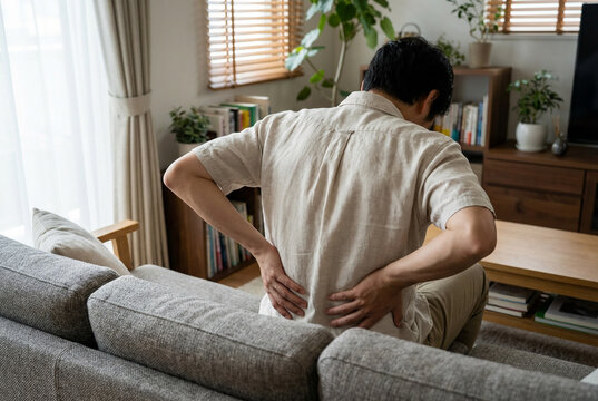 Adult man feeling discomfort, rubbing his lower back while seated on a sofa at home. Depicts common back pain symptoms and health issues