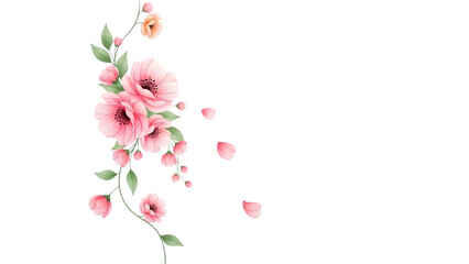 Fototapeta premium A delicate floral arrangement featuring pink roses and buds on a stem with green leaves against a solid black background