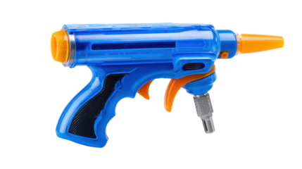 Blue and orange water squirt gun toy for summer fun and children's playtime, on transparent background
