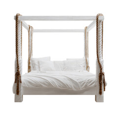 wooden bed with rope canopy, white background
