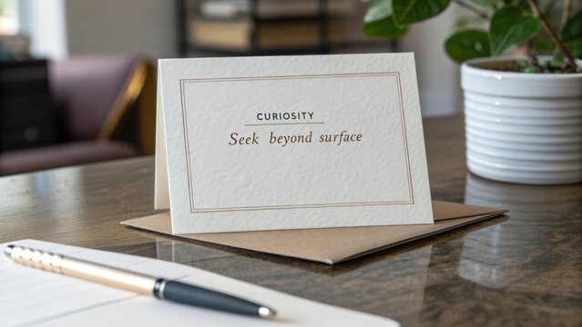 Inspirational card with message about curiosity and seeking deeper understanding on wooden desk with greenery