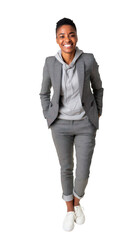 smiling black woman wearing a grey hoodie and blazer