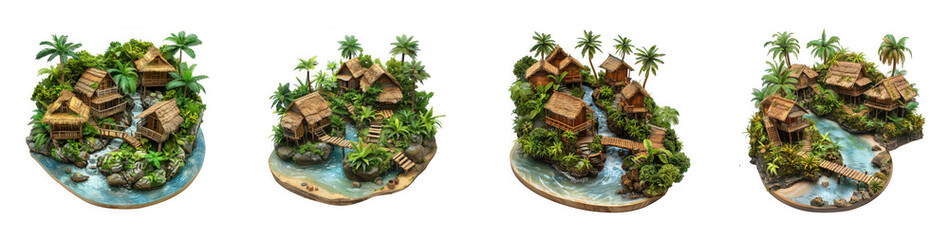 Four variations of a miniature tropical island with huts and waterfalls on transparent background high quality