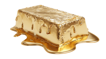 Gold bullion melting, liquid precious metal flowing representing wealth, finance, and investment success, transparent background