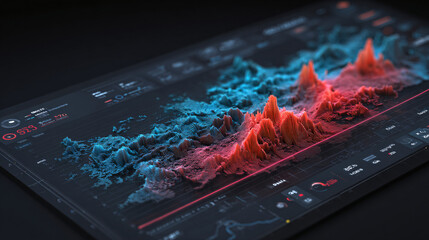 High-tech predictive analytics concept displaying a scanning laser on a digital terrain map to identify security risks in dark mode.