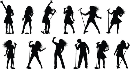 Black female singer silhouettes collection, performer holding microphone stand, energetic stage poses, dynamic dance moves, music concert artist set, white background,