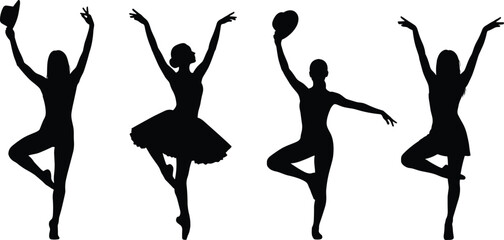 Black female dancer silhouettes, graceful ballet poses set, dynamic movement collection, women dancing with hats, artistic gymnastics, minimalist white background, isolated, © Kaziul