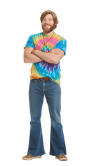 smiling hippie man wearing a tie-dye t-shirt and bell-bottom jeans