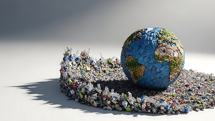 A globe surrounded by overflowing waste, depicting environmental degradation, from a high vantage point.