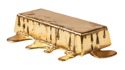 Melting gold bar with liquid gold dripping, representing financial concepts like market changes, currency decline, or economic instability