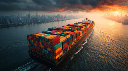 Massive container ship sailing in the ocean at sunset with digital logistics route overlay representing the global rubber export trade.