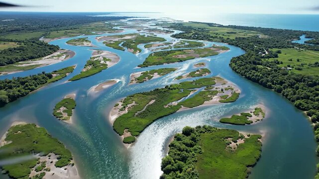Aerial view of a winding river with multiple branches flowing through a lush green landscape with trees and patches of sand, under a clear blue sky.