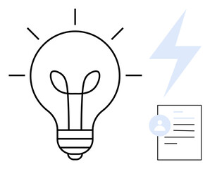 Innovation, creativity, ideas, energy, knowledge, technology. A lightbulb with a lightning bolt and a document a user profile. Innovation and creativity concepts for technology and energy © robu_s