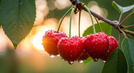Close up of ripe cherries with water droplets on a branch in sunlight