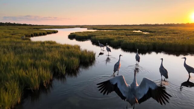 Beautiful birds wading in the river at sunset, scenic landscape, wildlife.