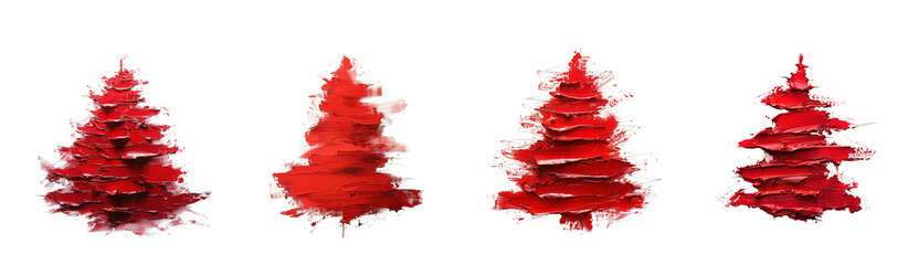 Four abstract red christmas trees depicted in a watercolor style perfect for festive designs on transparent background