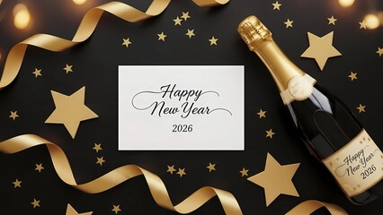 Happy New Year 2026 Festive Greeting Card – Gold Ribbon, Stars, and Champagne Bottle on Dark Background