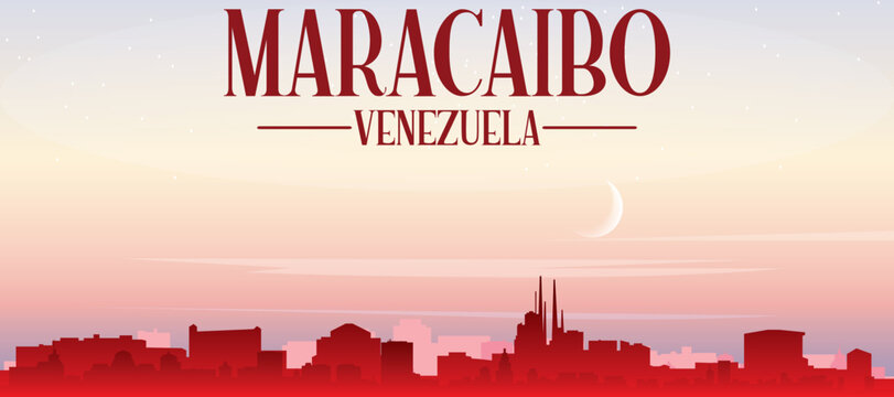 Red panoramic poster of the city skyline with misty background buildings, sunrise, moon and clouds of MARACAIBO, VENEZUELA