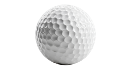 Golf ball displaying dimpled texture, white spherical sports equipment for playing on a course, transparent background
