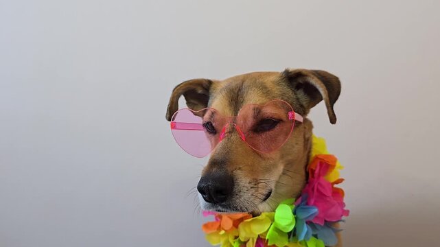 Funny dog wearing tropical flower wreath and heart-shaped pink glasses. Cute pet in Hawaiian costume against light background, perfect for summer content, holiday promotions, or humorous branding.