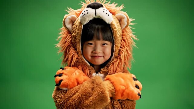 Child dressed as lion. Green backdrop. Furry costume. Excited expression. Facing camera. Bangs fringe her face