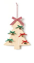 A wooden Christmas tree ornament with miniature bells and decorative bows of various colors hanging by a striped ribbon