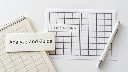 Office Desk Setup with Health AI System Planning and Analysis Tools Featuring Notepad, Pen, and Printed Template