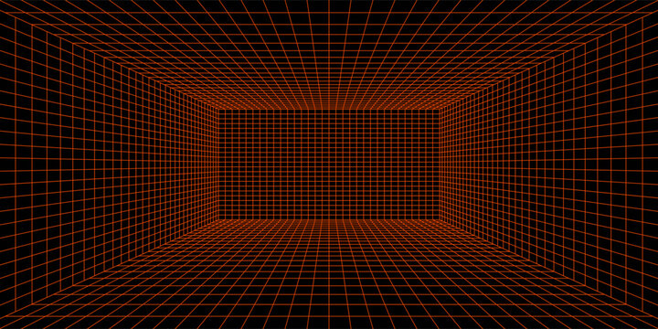Glowing neon wireframe room floors ceiling, wall background. Red grid room in perspective. Bright retro futuristic wallpaper. Abstract checkered plane landscape. Game horizon surface. Vector backdrop