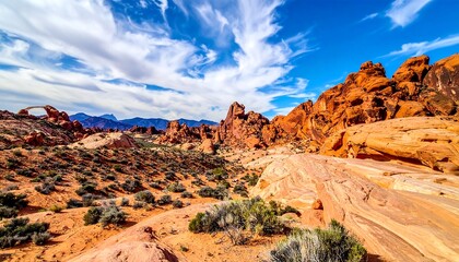 Red rocks landscape with arch under blue sky and white clouds