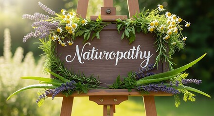 A wooden easel displays a sign reading "Naturopathy," surrounded by fresh herbs and flowers. The sun softly illuminates the background