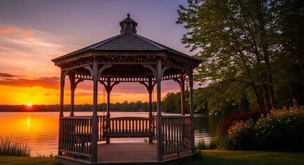 A wooden gazebo, centered on a calm lake, frames the stunning sunset. Trees border the right, vibrant sky