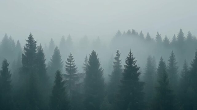 Dense conifer forest in thick fog, mist drifting through towering trees, creating a tranquil, mysterious woodland scene.
