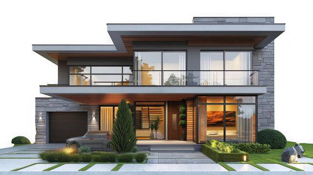 Modern architectural house design with large windows stone facade and landscaping on transparent background high quality